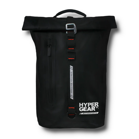 Hypergear Dry Pac Aero 25L waterproof backpack in black with Fast Slot Adapt system for motorcycle riders in Malaysia.