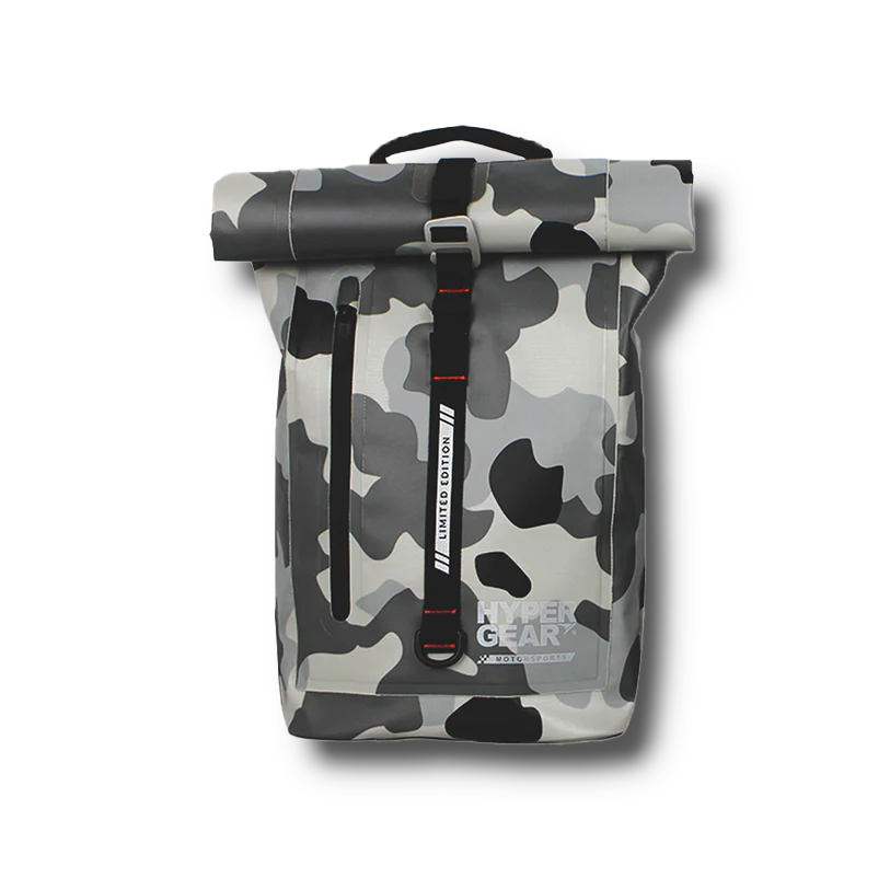 Hypergear Dry Pac Aero 25L waterproof backpack in camouflage design with Fast Slot Adapt system for motorcycle riders in Malaysia.