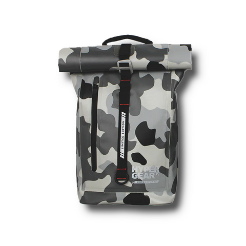 Hypergear Dry Pac Aero 25L waterproof backpack in camouflage design with Fast Slot Adapt system for motorcycle riders in Malaysia.