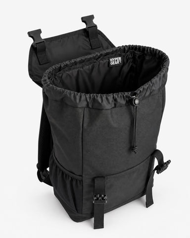 Dual buckle closure and drawstring cinch on Hypergear water-resistant street backpack