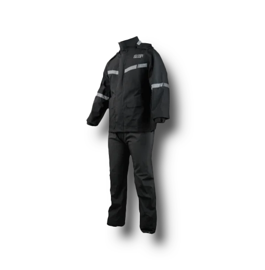 Hypergear Stormbreaker Rain Jacket Set in black with reflective silver branding on the chest and high-collar design.