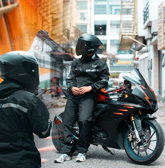 Full Hypergear Stormbreaker suit including waterproof rain jacket and matching black elastic waist trousers.