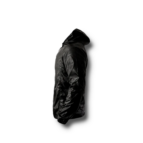 Side profile of the black Hypergear Windbreaker Basic, showing the sleek, lightweight fit, long sleeves with elastic cuffs, and a side zipper pocket.