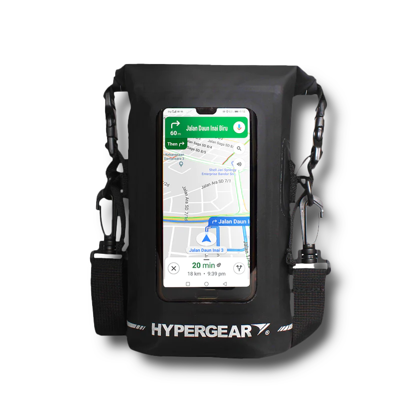 A black Hypergear waterproof phone pouch with a smartphone displayed in the front, showing a map application.